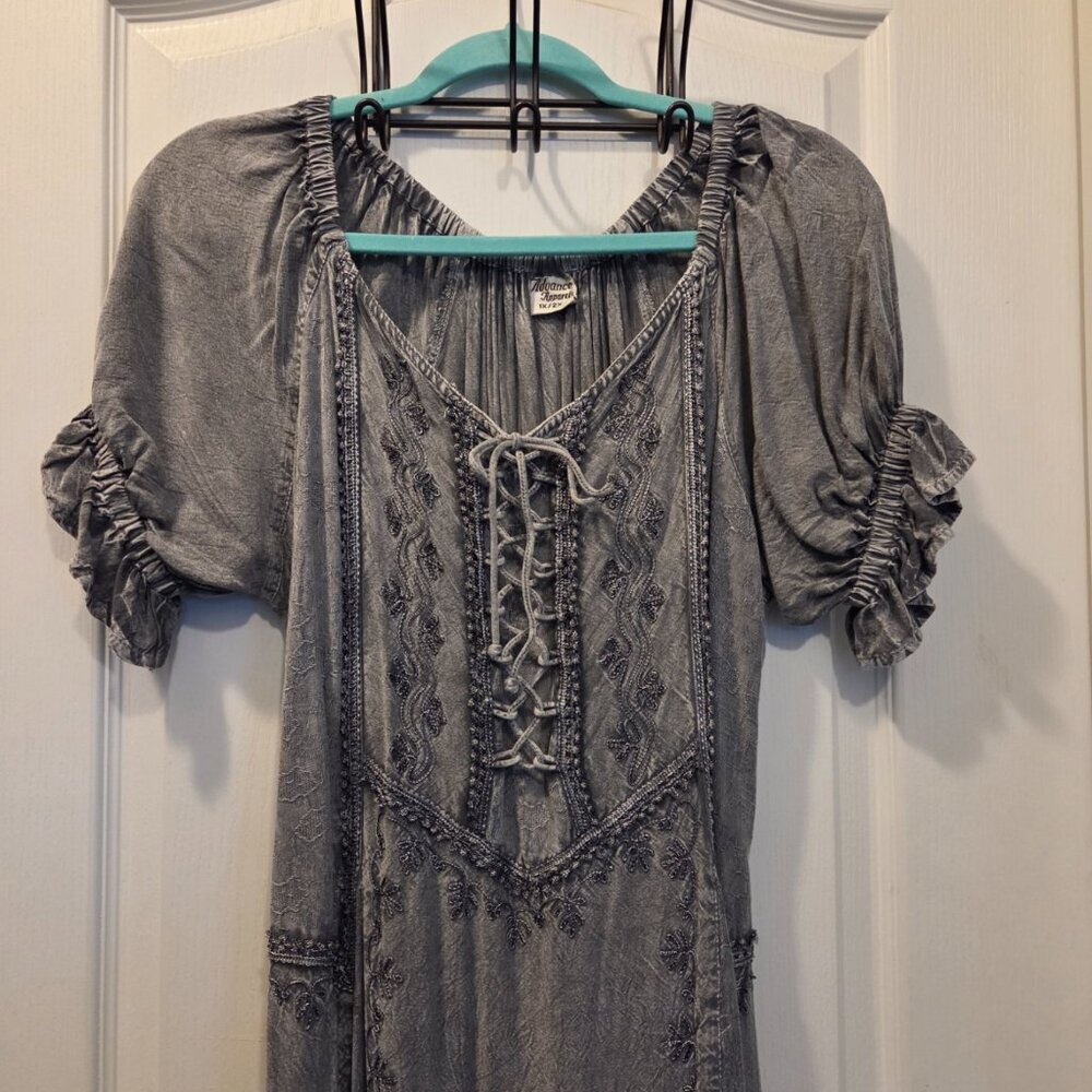Embroidered Lace-Up Boho Maxi Dress | Romantic Cottagecore Gown XL - Picture 2 of 8